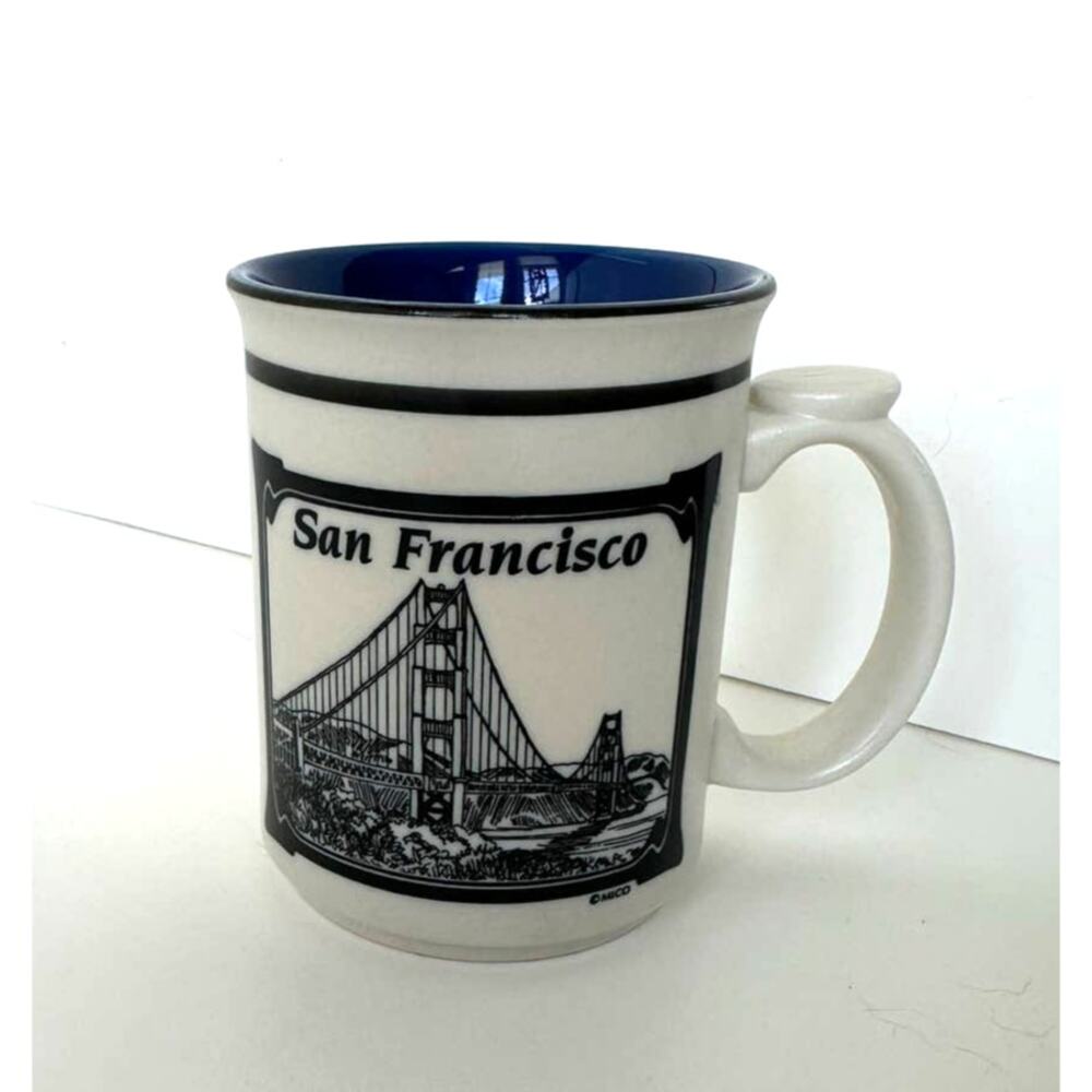 Vintage San Francisco coffee tea mug, navy blue interior, Golden Gate Bridge